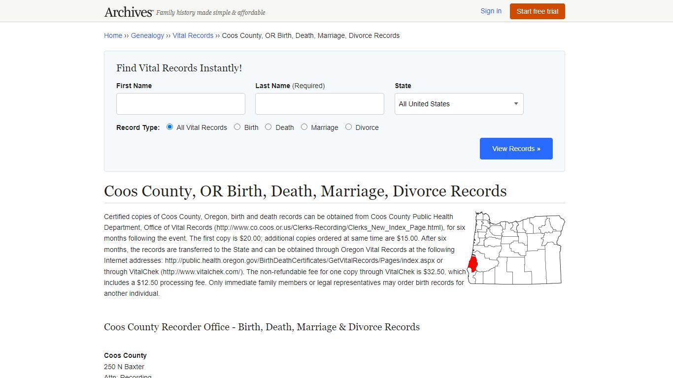 Coos County, OR Birth, Death, Marriage, Divorce Records - Archives.com